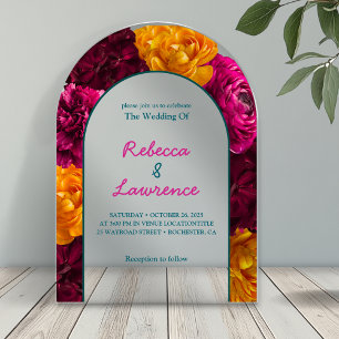 Modern chic pink green yellow floral wedding arch acrylic invitations