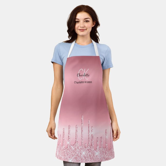 Modern Chic Pink Holographic Glitter Monogram  Apron (Worn)