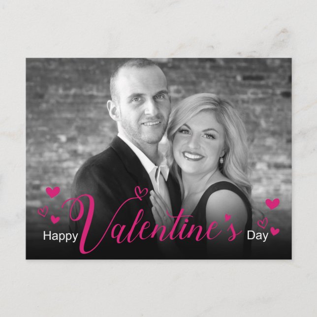 Modern Chic Pink Script Hearts Black White Photo Holiday Postcard (Front)