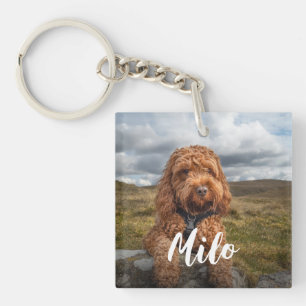 Modern Chic Playful Dog Photo Name Keychain