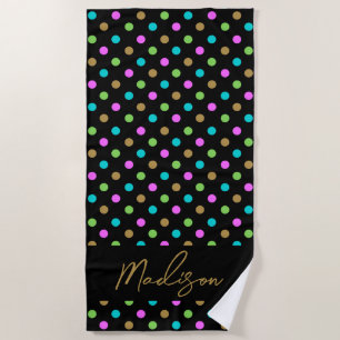 Modern Chic Polka Dots Personalized Black & Gold Beach Towel
