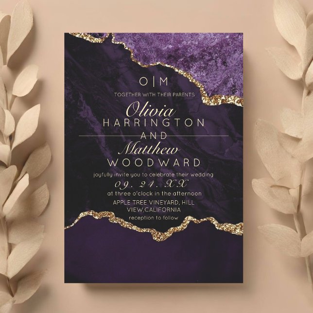 Modern Chic Purple Wedding Gold Agate Wedding  Invitation (Creator Uploaded)