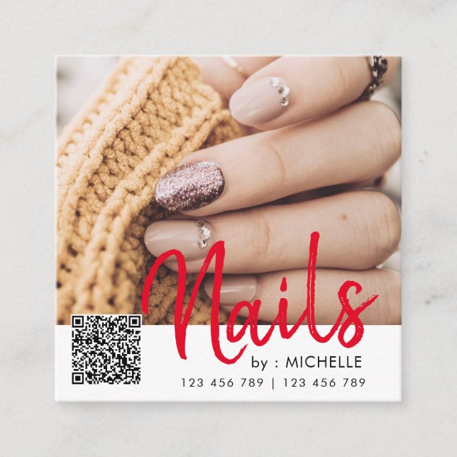 Modern chic QR code nails photo business cards (Front)