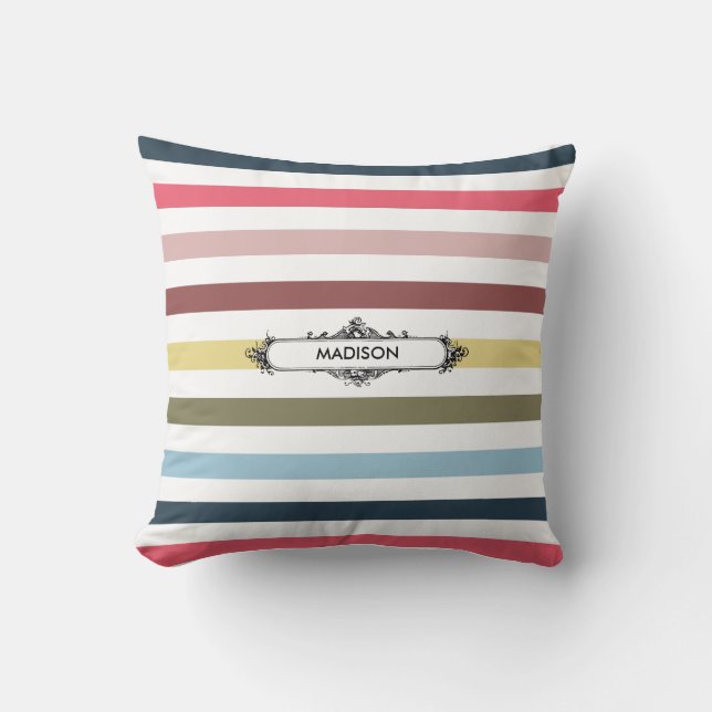 Modern Chic Rainbow Stripes With Elegant Name Throw Pillow (Front)