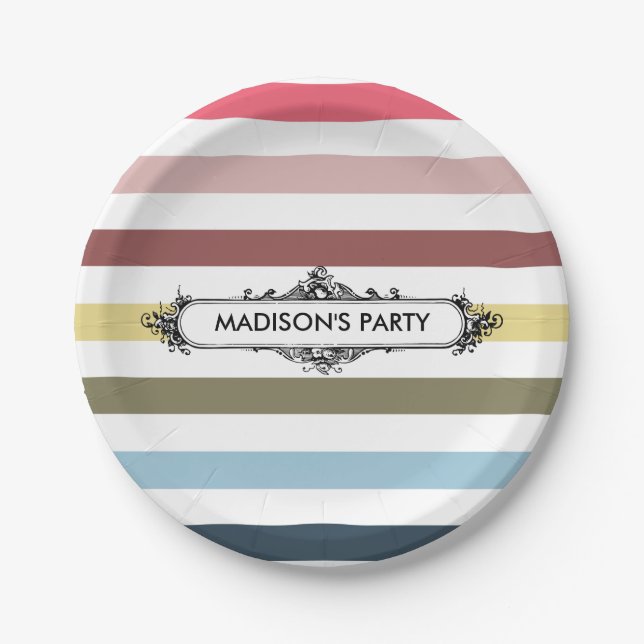 Modern Chic Rainbow Stripes With Party Name Paper Plate (Front)