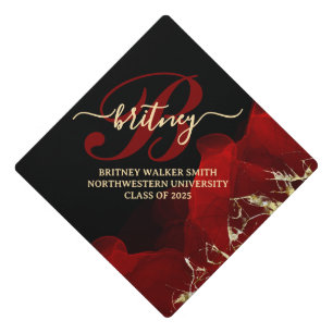 Modern Chic red and black monogram Graduation Cap Topper