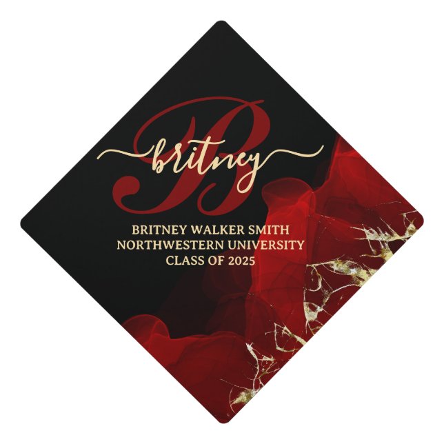 Modern Chic red and black monogram  Graduation Cap Topper (Front)