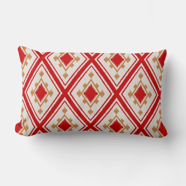 Modern chic red gold beige geometric ikat pillow (Front)