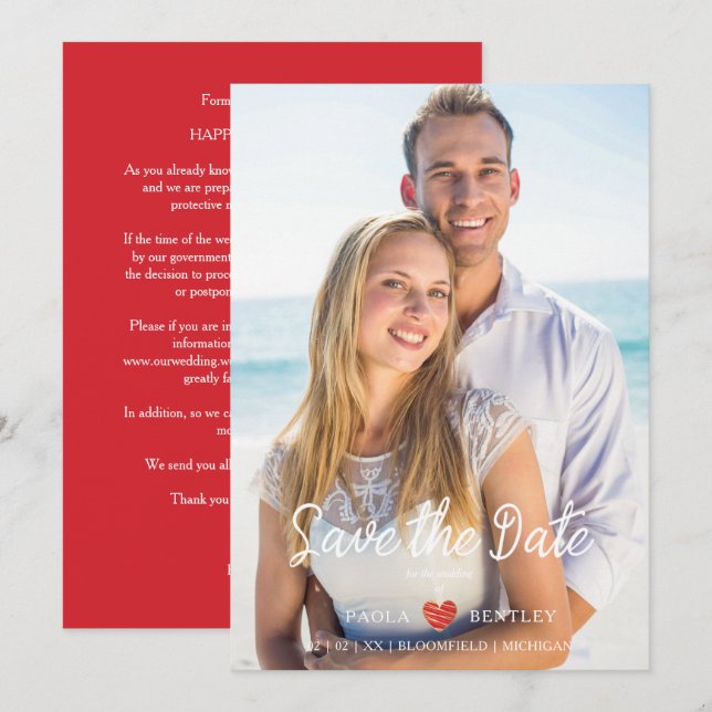 Modern Chic Red Heart Photo Couple Wedding (Front/Back)