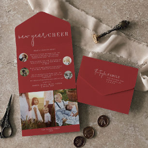 Modern Chic Red New Year Cheer Multi Photo All In One Invitation