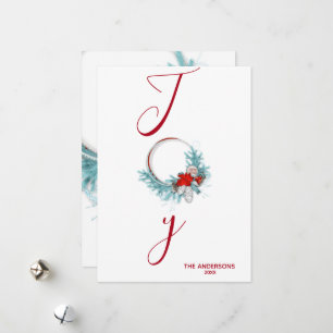 Modern Chic Red Pine Wreath Joy Holiday Card