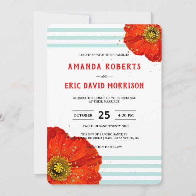 Modern Chic Red Poppy Mint Teal Stripes Wedding Invitation (Front)