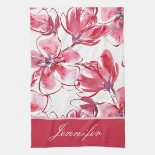 Modern Chic Red Tropical Floral Personalized Name Kitchen Towel