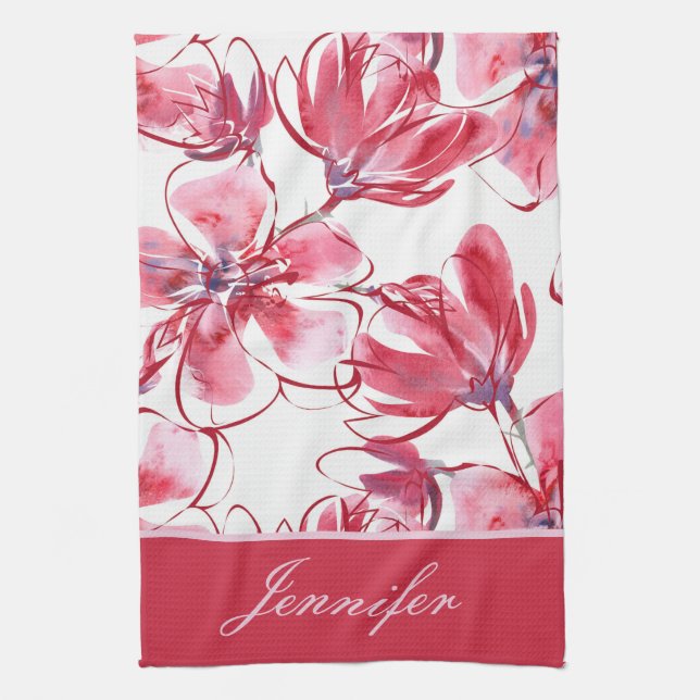 Modern Chic Red Tropical Floral Personalized Name Kitchen Towel (Vertical)