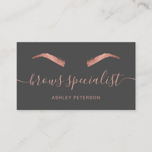 Modern chic rose gold brows trendy grey business card (Front)