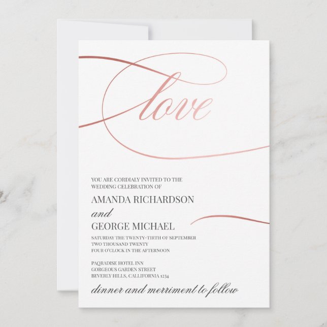 Modern chic rose gold calligraphy elegant wedding invitation (Front)