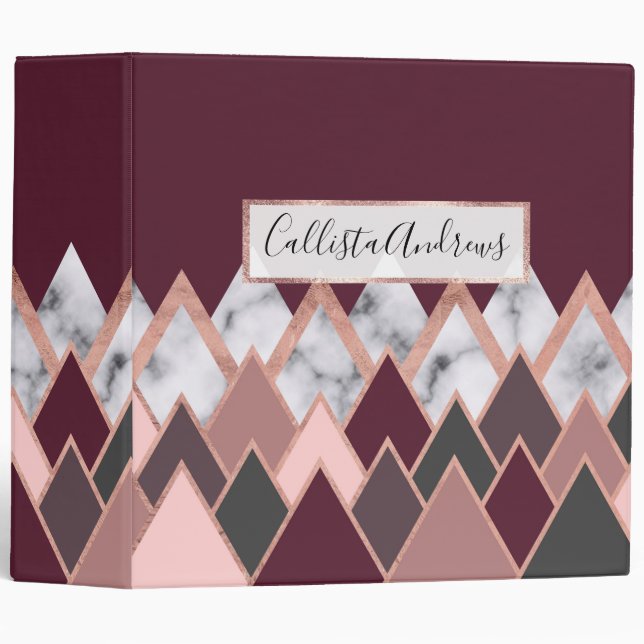 Modern Chic Rose Gold Marble Red Triangles Binder (Front/Spine)