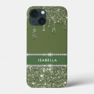 Modern Chic Sage Green Glitter Sparkle Diamond iPhone 13 Mini Case
