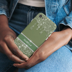Modern Chic Sage Green Glitter Sparkle Diamond iPhone 13 Case