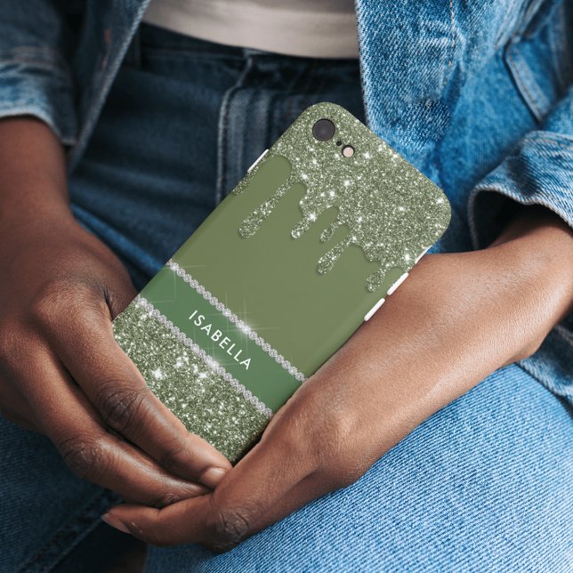 Modern Chic Sage Green Glitter Sparkle Diamond Case-Mate iPhone Case (The photos provided showcase the design of the case. Fit for iPhone models from 7 to 15.)