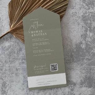 Modern Chic Sage Green Just Love QR Code Wedding All In One Invitation