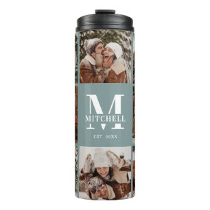 Modern Chic Sage Green Monogrammed & Photo Collage Thermal Tumbler