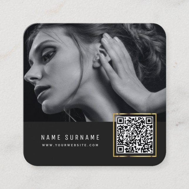 modern chic scannable barcode QR code photo Square Business Card (Front)
