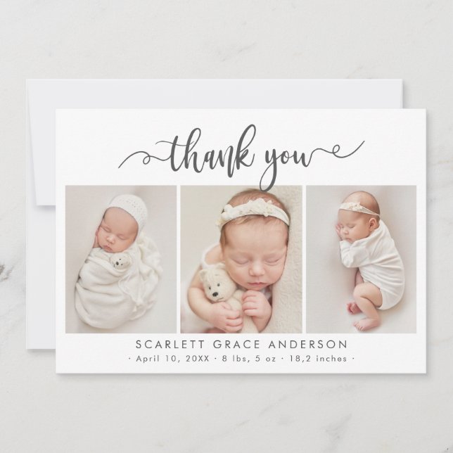 Modern Chic Script Baby 3 Photo Collage Thank You Card (Front)