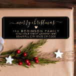 Modern Chic Script Christmas Return Address Label<br><div class="desc">Elegant,  Modern Black and Gold Hand Lettered Christmas Family Return Address Labels. Featuring a pretty hand-written script with saying "Merry Christmas" in swash-tail font,  a little heart shape,  around thin line frame background. Great for Christmas holiday season,  easy to personalize them with your names and return address info.</div>