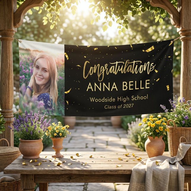 Modern Chic Script Elegant Gold Graduation Photo Banner (Creator Uploaded)