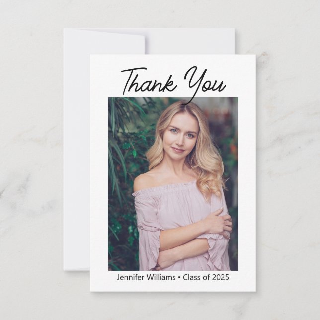 modern chic script graduation photo  minimal thank you card (Front)