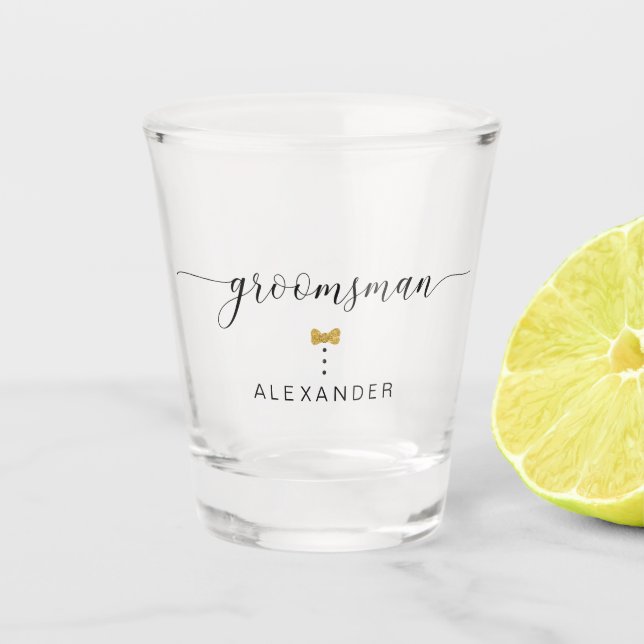 Modern Chic Script Groomsman Gold Bow Tie Name Shot Glass (Front)