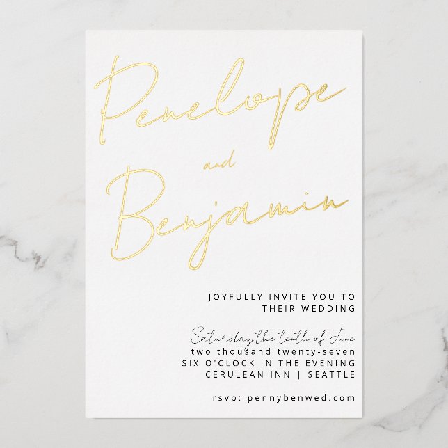 Modern Chic Script Handwriting Gold White Wedding (Front)