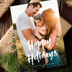 Modern Chic Script Happy Holidays One Photo Holiday Card