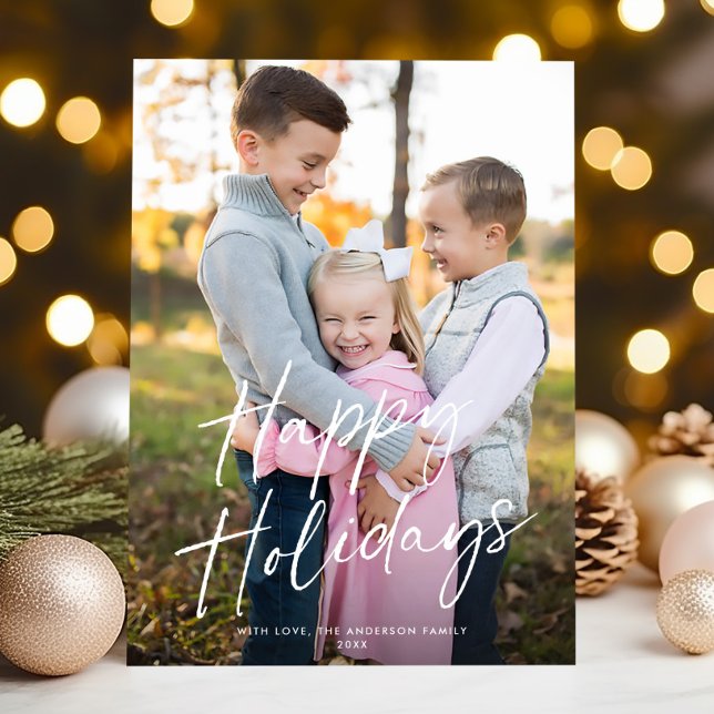 Modern Chic Script Happy Holidays One Photo Holiday Card (Creator Uploaded)