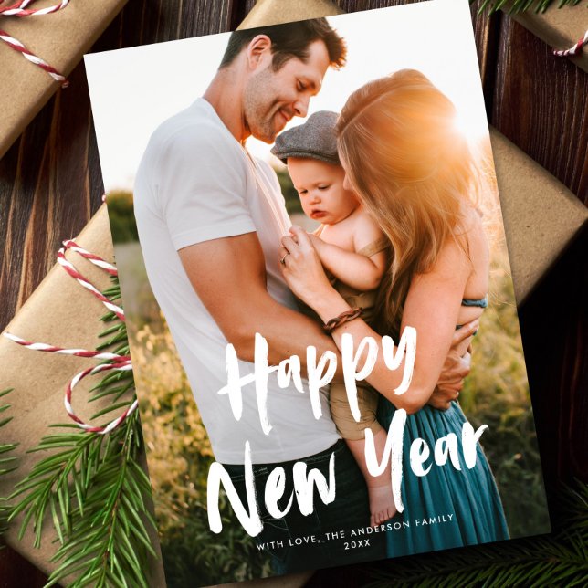 Modern Chic Script Happy New Year One Photo Holiday Card (Creator Uploaded)