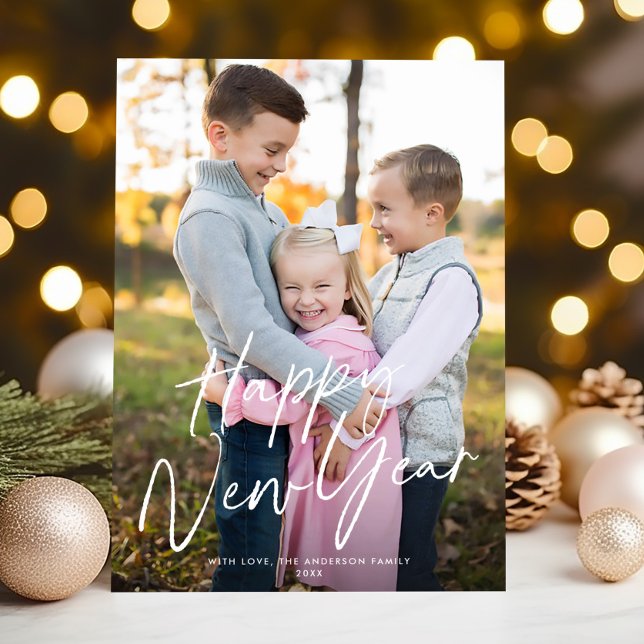 Modern Chic Script Happy New Year One Photo Holiday Card (Creator Uploaded)