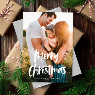 Modern Chic Script Merry Christmas One Photo Holiday Card