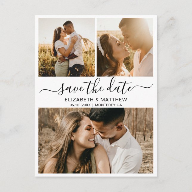 Modern Chic Script Photo Collage Save The Date Announcement Postcard (Front)
