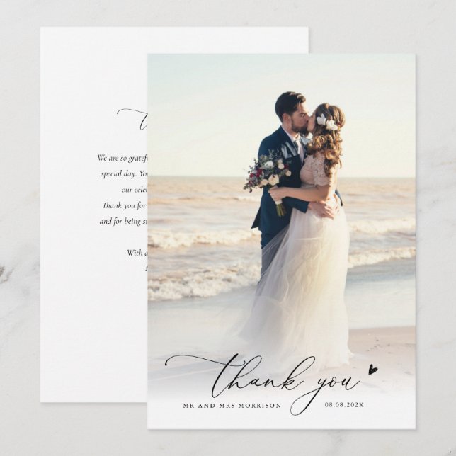 modern chic script photo wedding thank you  (Front/Back)