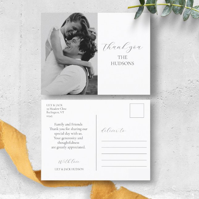 Modern Chic Script Photo Wedding Thank You Postcard (Creator Uploaded)