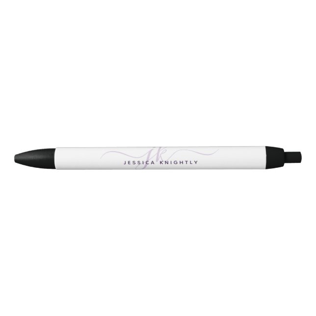 Modern Chic Script Purple Monogram Initials Black Ink Pen (Front)