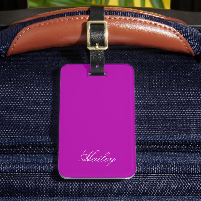 Modern Chic Script Purple Personalized Luggage Tag (Front Insitu 2)