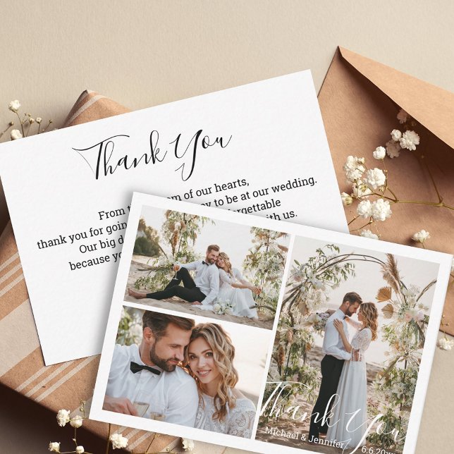modern chic script wedding 3 photos thank you card (Creator Uploaded)