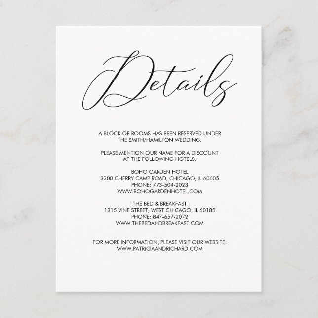 Modern Chic Script Wedding Details Information Enclosure Card (Front)