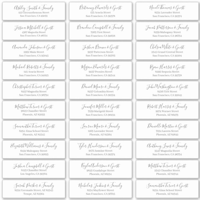 Modern Chic Script Wedding Guest Names Address (Front)