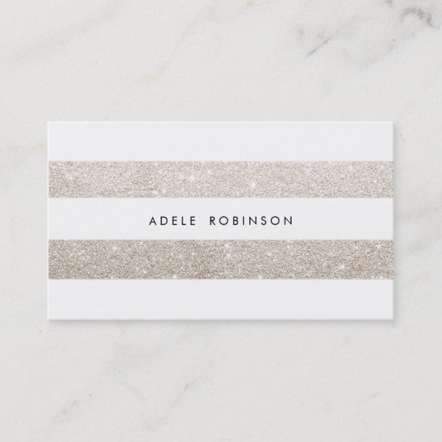 Modern Chic Silver Cream Glitter White Striped Business Card (Front)