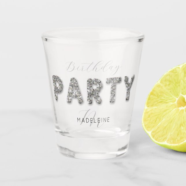 Modern Chic Silver Glitter Monogram Birthday Party Shot Glass (Front)