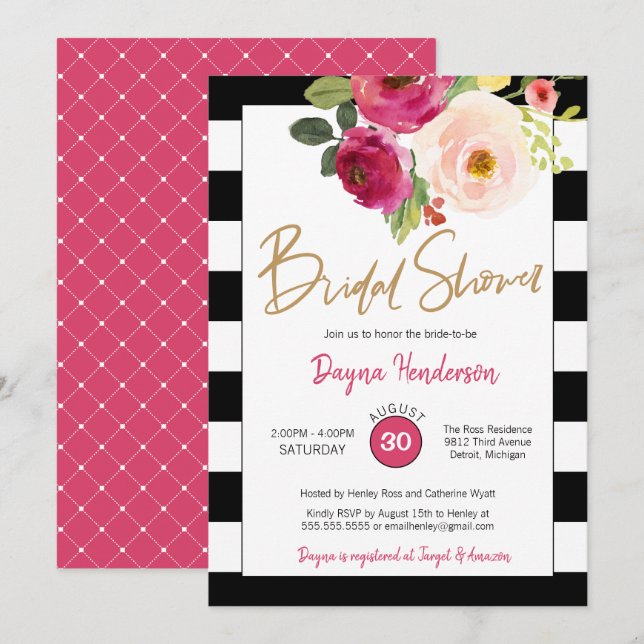 Modern Chic Stripe with Pink Flowers Bridal Shower Invitation (Front/Back)