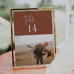 Modern Chic Terracotta 5x7" Photo Table Numbers<br><div class="desc">These modern chic terracotta 5x7" photo table numbers are perfect for a simple wedding. The desert boho design features rustic unique and stylish bohemian typography in an earthy burnt orange rust colour. The card prints on the front and back (double-sided). Personalize each card with a different engagement or travel theme...</div>